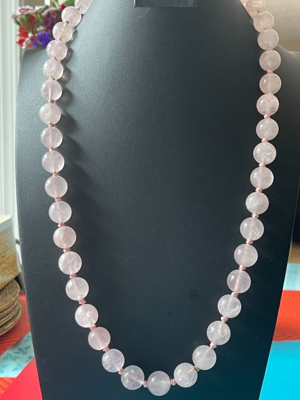 Vtg Hand-Knotted Rose Quartz Beaded Necklace With 925 Sterling Clasp 10mm Beads